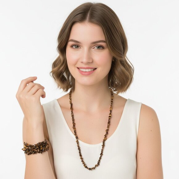 Tiger Eye Gemstone Chip Jewelry Lot - 3 Stretch Bracelets & Necklace Set | Boho - Picture 1 of 12